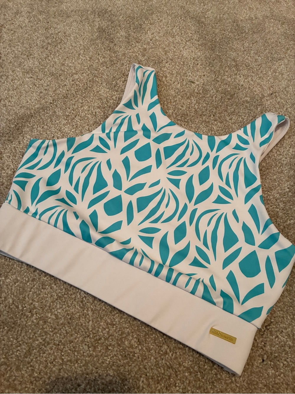 Cleo Harper Teal and White Leaf-Print High-Neck Bodysuit Top